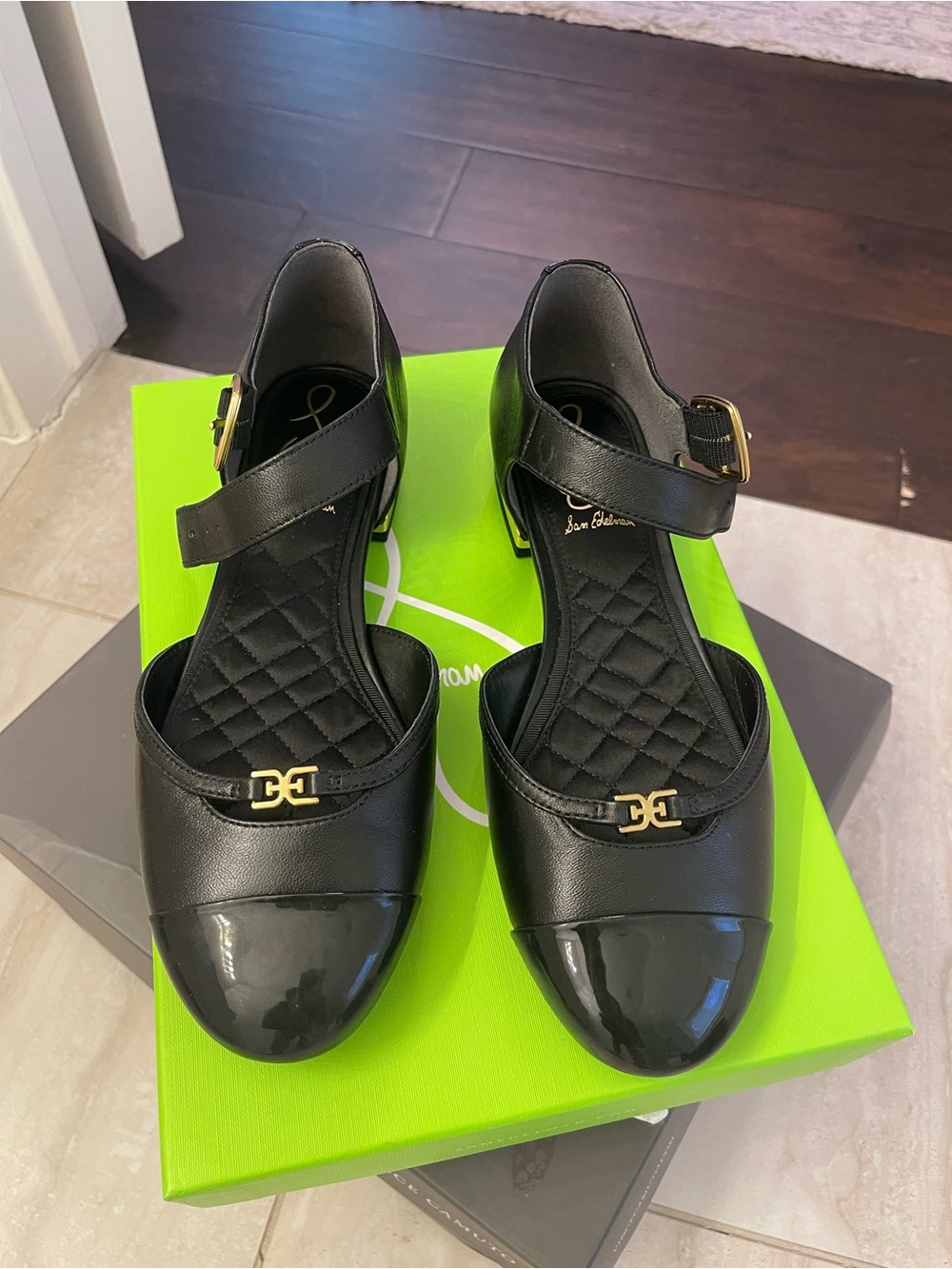 Sam Edelman Black Mary Jane Flats with Gold Hardware